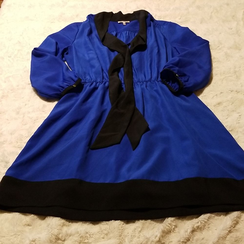 Juicy Couture Dress Womens Size Large Blue Black Long Sleeve Neck Tie